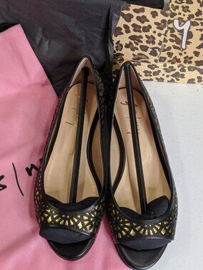 FS/NY Black & Gold "Black Nappa" Laser-Cut Peep Toe Flats